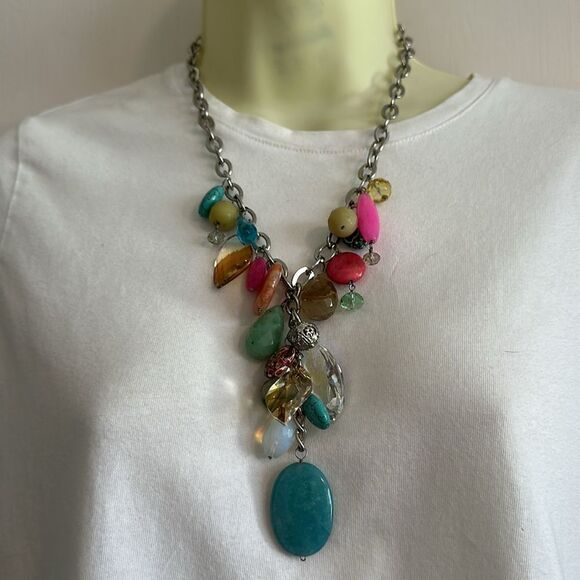 Vibrant Chunky Multicolor Beaded Necklace on Silver Tone Chain - Picture 1 of 3